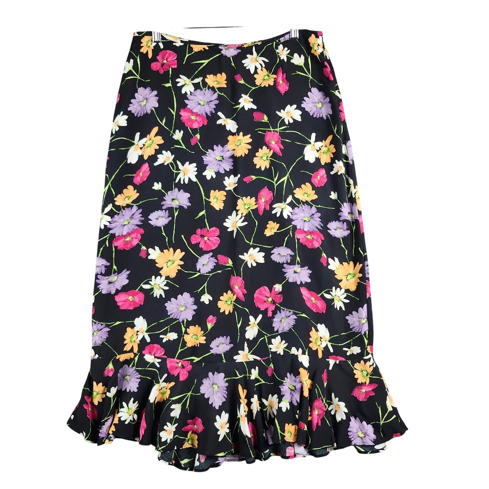 Vintage Y2K Christopher & Banks Skirt Womens 6 Black Floral Ruffle Hem Rayon
